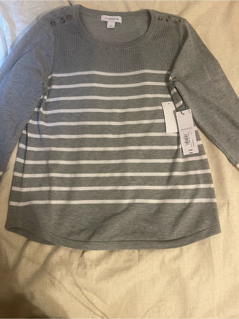 Liz Claiborne Gray & White Striped Button-Shoulder Crewneck Sweater
